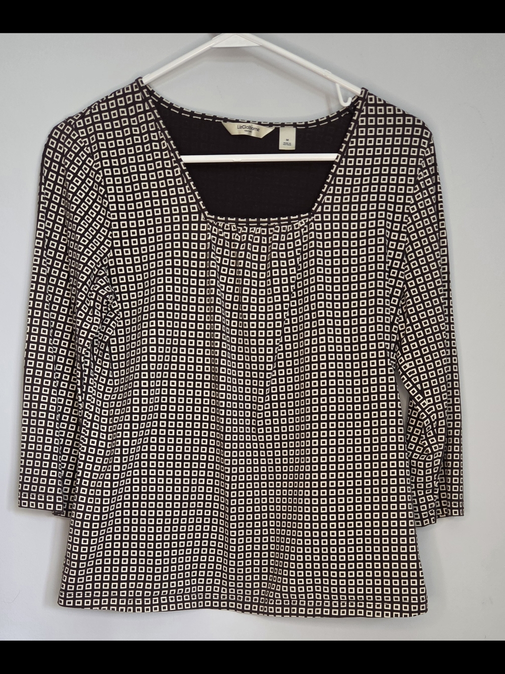 Liz Claiborne Black and White Square-Print Long Sleeve Scoop Top